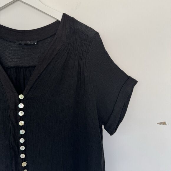 Meo Meli Black Linen Gauze Top Roll Tab Sleeve Abalone Shell Button Up L-XL - Picture 6 of 11